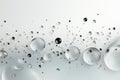 Close up of round drops on gray background, gray wallpaper with water drops.