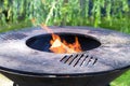 A close-up of the round frying surface with burning wood inside. Royalty Free Stock Photo