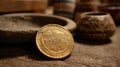 A close-up of a round, intricately patterned golden artifact resting on a wooden surface with rustic pottery in the background. Royalty Free Stock Photo
