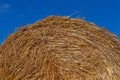 Round stack of straw against blue sky