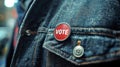 Close up of a round VOTE button on a jean jacket with a blurred street background. Male voter. Concept of elections