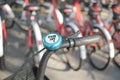 close up of Row of bicycles selective focus , Royalty Free Stock Photo