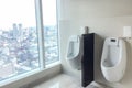 Close up Row of Indoor Urinals Men Public Toilet, Restroom. White Ceramic Urinals with Curve Modern Design Urinals Bowl in Men Bat Royalty Free Stock Photo