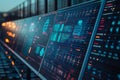 Close-up of a Row of Monitors Displaying Futuristic Data and Graphical Interfaces