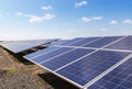 Close up rows array of polycrystalline silicon solar cells or photovoltaics in solar power plant turn up skyward