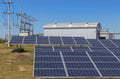 Close up rows array of polycrystalline silicon solar cells or photovoltaics in solar power plant turn up skyward