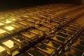 close-up of rows of gleaming ingot bars of gold