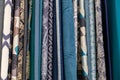 Close-up rows of pieces of fabric made of cotton