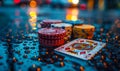 Close-up of royal flush playing cards with poker chips stack on a wet, dark surface, evoking the high stakes and glamour of