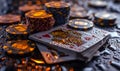 Close-up of royal flush playing cards with poker chips stack on a wet, dark surface, evoking the high stakes and glamour of