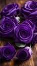 Close-up of royal purple roses on a wooden table illustration Artificial Intelligence artwork generated