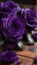 Close-up of royal purple roses on a wooden table illustration Artificial Intelligence artwork generated