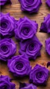 Close-up of royal purple roses on a wooden table illustration Artificial Intelligence artwork generated