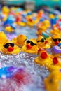 Close-up of rubber ducks in water at a carnival game stand