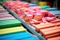 close-up of rubber erasers stacked up at the end of production line
