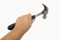 close-up of rubber-handled hammer with nail puller, round head for fine work in female hand, manual universal percussion tool for