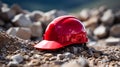 Close up of a ruby Working Helmet on Gravel. Blurred Construction Site Background