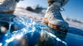 Close-up of rugged boots stepping on thin cracked ice, capturing dynamic shards and winter texture Royalty Free Stock Photo
