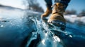Close-up of rugged boots stepping on thin cracked ice, capturing dynamic shards and winter texture Royalty Free Stock Photo