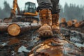 Close-up of rugged logger boots on a felled tree in a misty forest