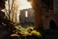 Ruined Irish Abbey or Monastery Overgrown with Grass and Shrubs AI Generative