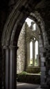 Ruined Irish Abbey or Monastery Overgrown with Grass and Shrubs AI Generative