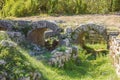 Close up of a ruined vaulted bridge