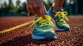 Close-up of a runner tying bright yellow laces on sports shoes on a running track, ready for exercise