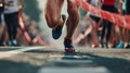 Close-up of runners& x27; feet in a marathon. competitive race day atmosphere. capturing the essence of sportsmanship and Royalty Free Stock Photo