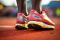 Close-up on running shoes of african man on race track in stadium