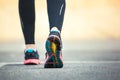 Close up of running shoes on road.