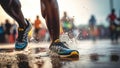 Close up of running shoes. Runner feet running on wet asphalt road