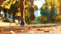 Close-up of running shoes on a trail. Legs of a jogger in a bright green park. Running man. Concept of fitness, exercise Royalty Free Stock Photo