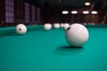 Close-up of Russian billiard, balls on green game table