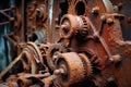 close-up of rusted gears and mechanisms on a baler