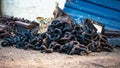 Close up of rusted metal chains, Rusty Chain Images,Chains of the past pile up in a heap, Brown metal chains with rust n ground, Royalty Free Stock Photo