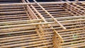 Close-up of Rusted steel structure, Rebar for construction, Strengthening with steel in cement floor Royalty Free Stock Photo