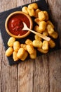 close up of rustic golden potato tater tots and ketchup. Vertical top view