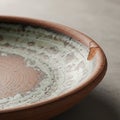 A close-up of a rustic, handmade ceramic plate with a textured surface. The plate Royalty Free Stock Photo