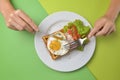 Close up of rustic savory egg waffle. Traditional breakfast idea. Egg toast for breakfast Royalty Free Stock Photo
