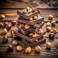 Stacked Dark Chocolate Bars with Assorted Nuts and Whole Nuts on Wooden Surface hazelnuts Royalty Free Stock Photo