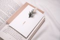 Close up rustic wedding invitation mock up, blank greeting card, postcard on the pages of the open book Royalty Free Stock Photo
