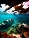 close up Rusting shipwreck deep underwater, Ai generated Royalty Free Stock Photo