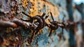 A close up of a rusty barbed wire fence with rust on it, AI