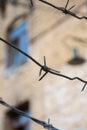 Close-up of a rusty barbed wire fence surrounding a concentration and extermination camp Royalty Free Stock Photo