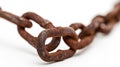 Close-up of a rusty chain with focus on the links, against a white background