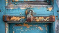 A close up of a rusty door handle on an old blue painted wood, AI Royalty Free Stock Photo