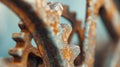 Close-up of rusty gears interlocking. The image captures the texture and detail of the corroded metal, highlighting the