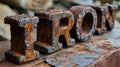A close up of a rusty iron sign on top of wood, AI Royalty Free Stock Photo