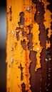 a close up of a rusty pole with paint peeling off